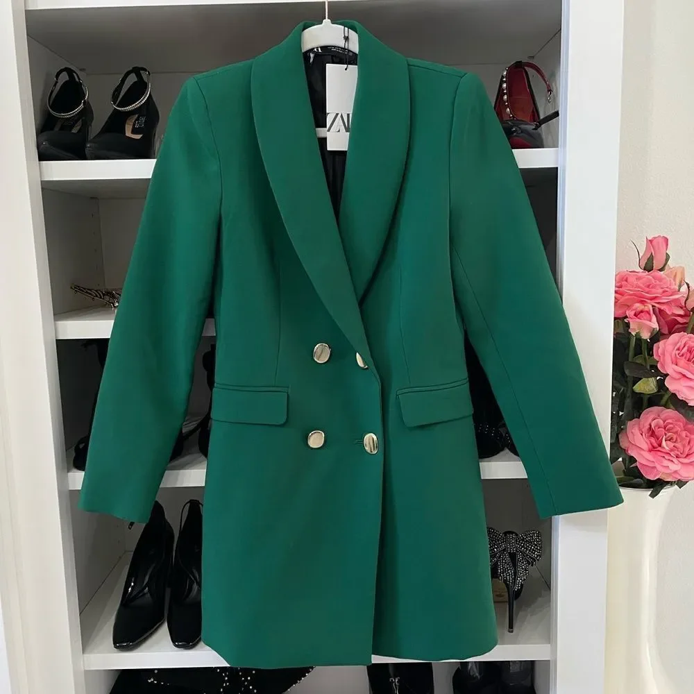 NWT  WOMEN'S DOUBLE BREASTED LONG BLAZER DRESS Green SIZE XS